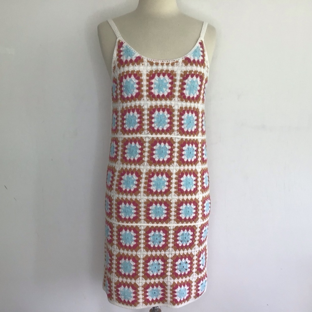 Willow & Wind Crocheted Cotton, Lined, Ivory Pink Blue Mini Sunress Medium NWT
